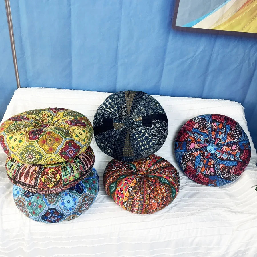 coussin siège rond bohème motifs floraux géométriques velours cotonnable intérieur extérieur