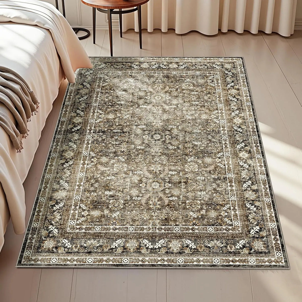 tapis traditionnel vintage floral rectangle antidérapant marron rouge beige salon chambre yoga