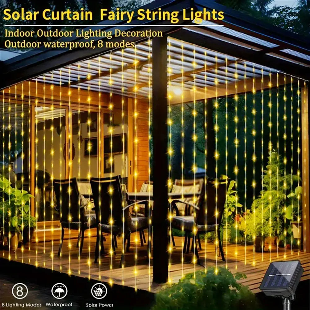 rideau lumineux led solaire multicolore festif cascade jardin fete deco vacancesextérieur moderne