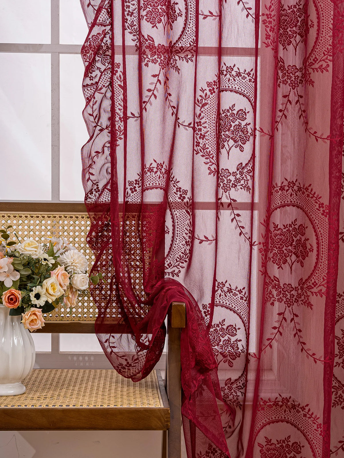 rideau brodé fleurs rouge classique transparent décoration intérieure maison pastorale 140x200cm