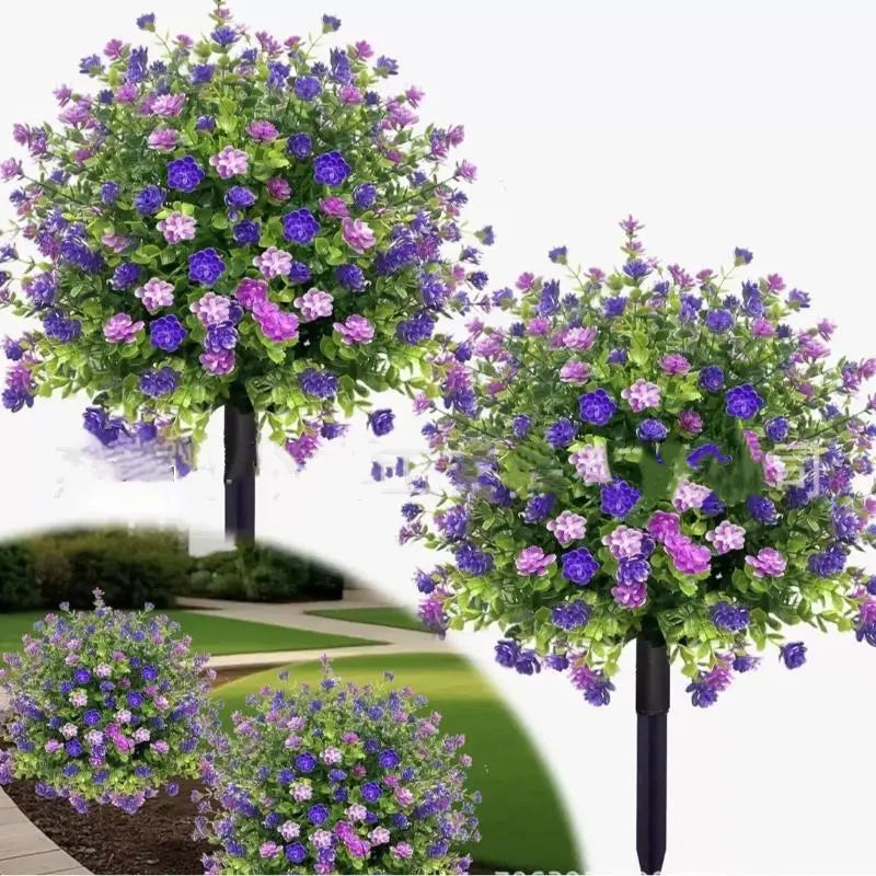arbustes artificiels violettes blanches modernes décoration extérieure jardin véranda piquet fixationextérieurDecorationFleursArtificielles