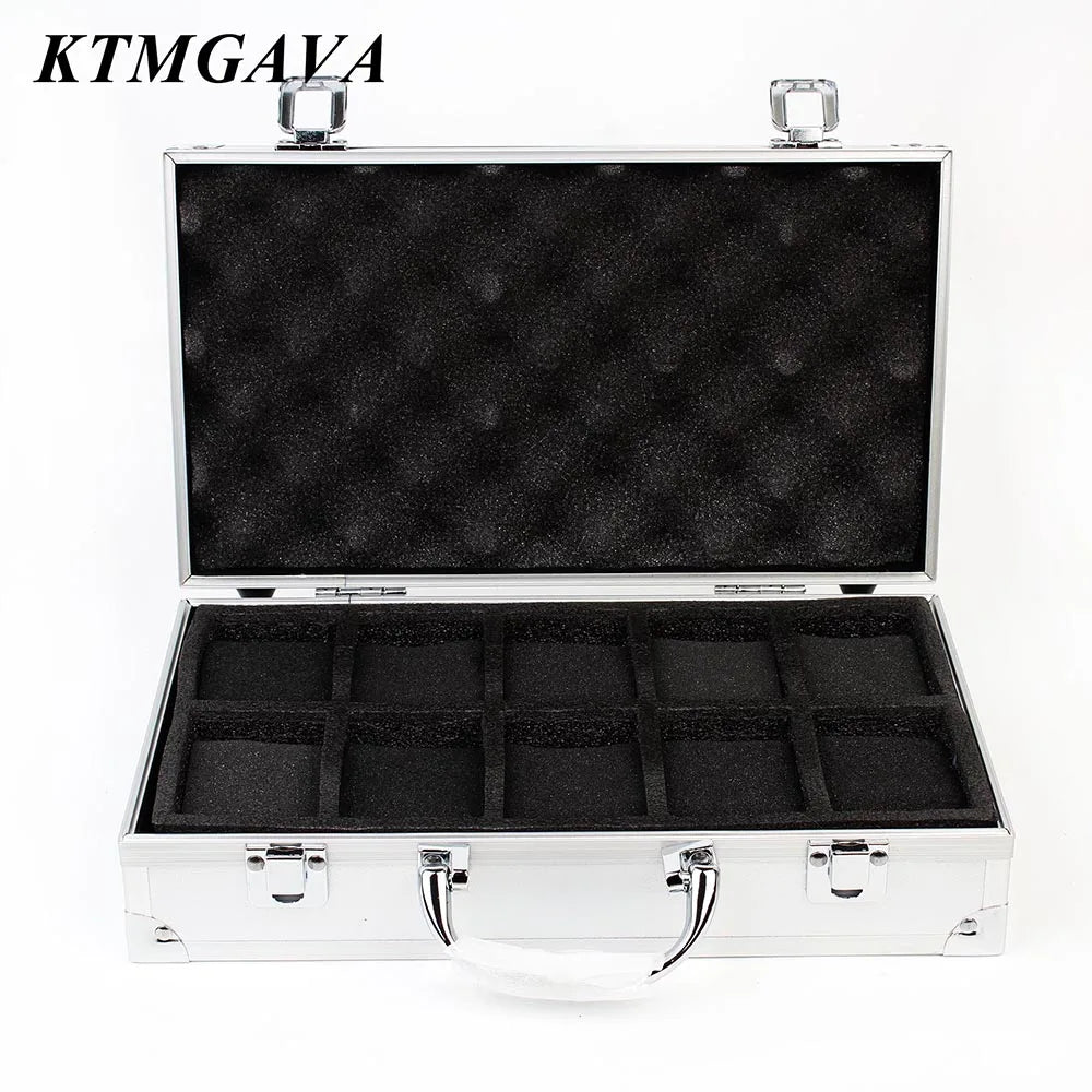 boîte montres moderne 12 slots aluminium noir mousse intérieure poignées métalliques