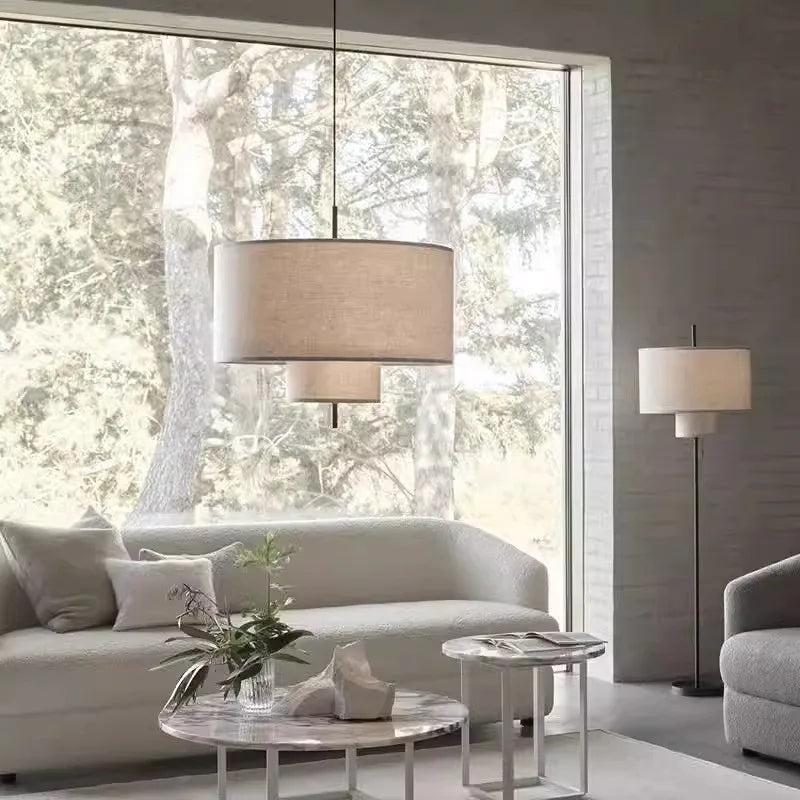Suspension lumineuse moderne toile lin beige clair salon étude chambre lumière froide neutre chaude