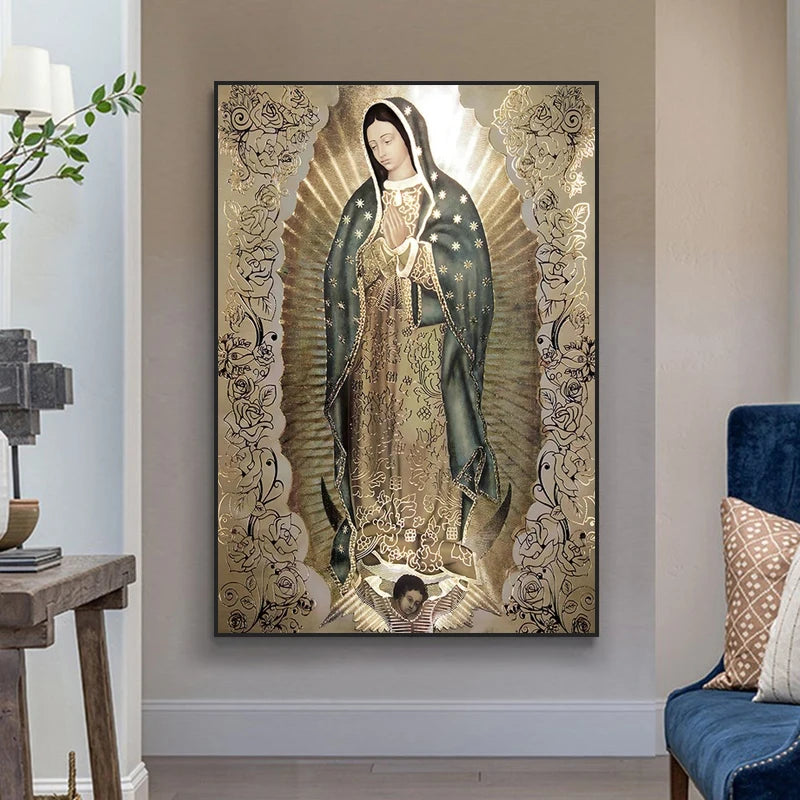 toile d'art classique illustration religieuse motifs floraux toile vierge guadalupe décoration murale vert bleu