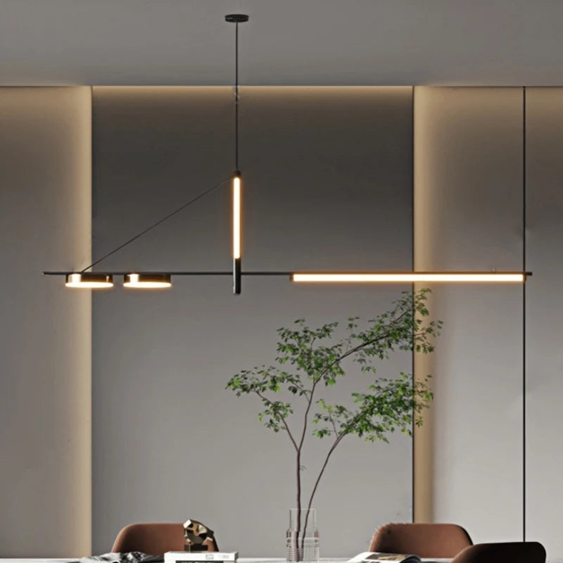 Suspension lumineuse moderne ligne épurée noir doré lumière blanche contemporaine élégante