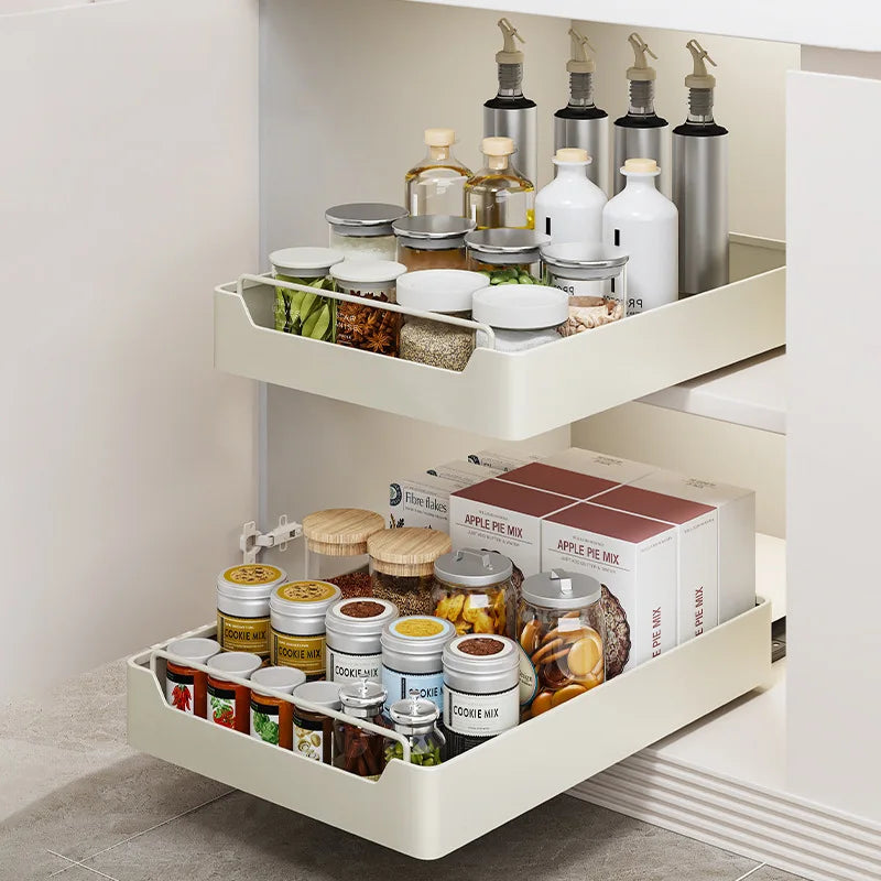 plateaux rangement coulissants cuisine blanc cassé bocaux verre pots bois boîtes alimentaires assiettes tasses