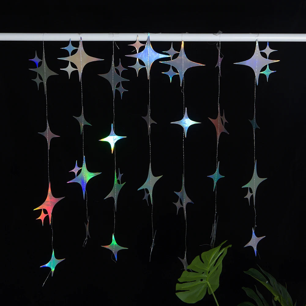 décoration suspendue guirlande lumineuse étoiles holographiques moderne bleu argenté violet rose blanc