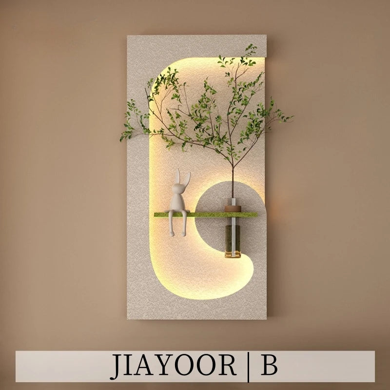 tableau mural moderne lampe led plante verte motif abstrait bois couleur beige vert marron