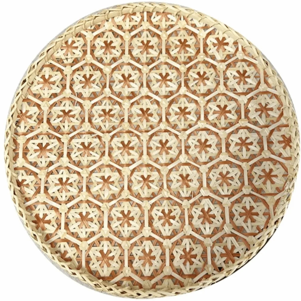 assiettes rotin naturel bleu vert marron motif géométrique tressé taille 15cm 25cm 35cm traditionnel