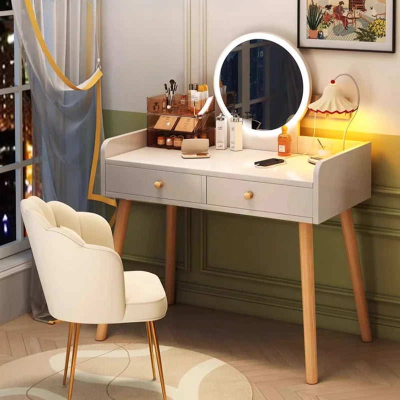 maquillage blanc moderne tabouret miroir tiroirs bois minimaliste