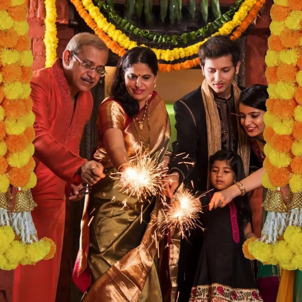 guirlande artificielle fleurs orange jaune rouge décoration festive indienne attaches extrémités
