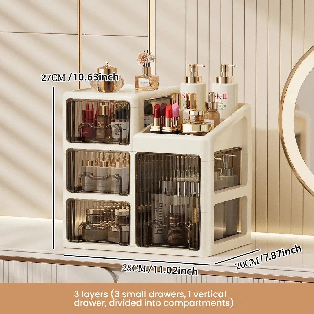 boîte rangement cosmétiques tiroirs compartiments moderne beige clair pliables PP haute qualité étagères bijoux