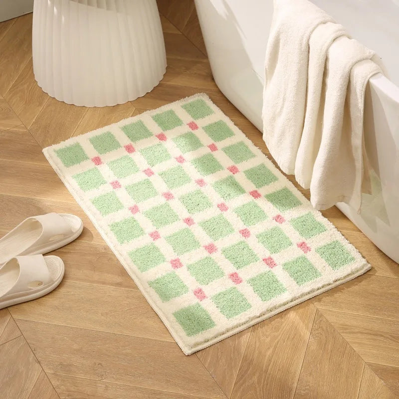 tapis bain bleu clair rose blanc carreaux géométriques doux moelleux moderne antidérapant imperméable