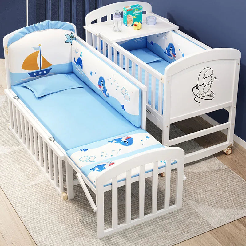 lit bébé multifonctionnel blanc imprimé marin matelas taie doreiller table langer roulettes moderne enfantin