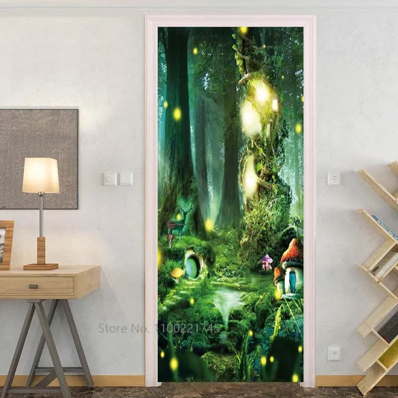 Sticker mural paysage jungle sur porte blanche