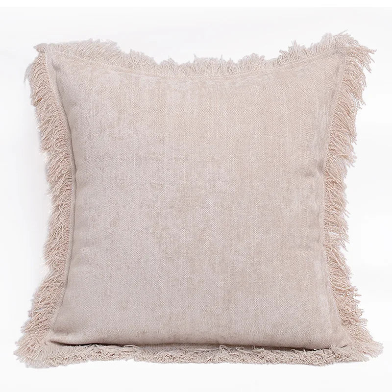 taies d'oreiller carrées modernes couleurs marron rose beige franges coton polyester