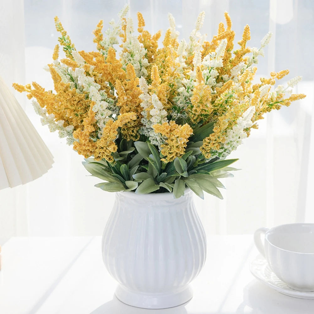 bouquet artificiel fleurs soie vert blanc jaune violet vase extérieur intérieur décoration mariage chambre
