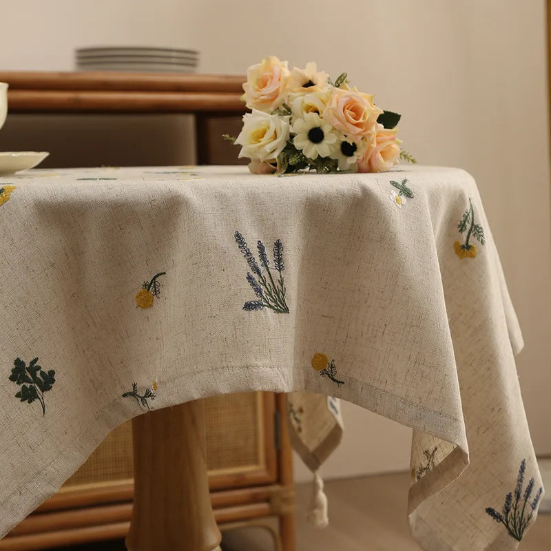 nappe lin brodée motifs floraux rustique beige table décoration extérieure mariage fête
