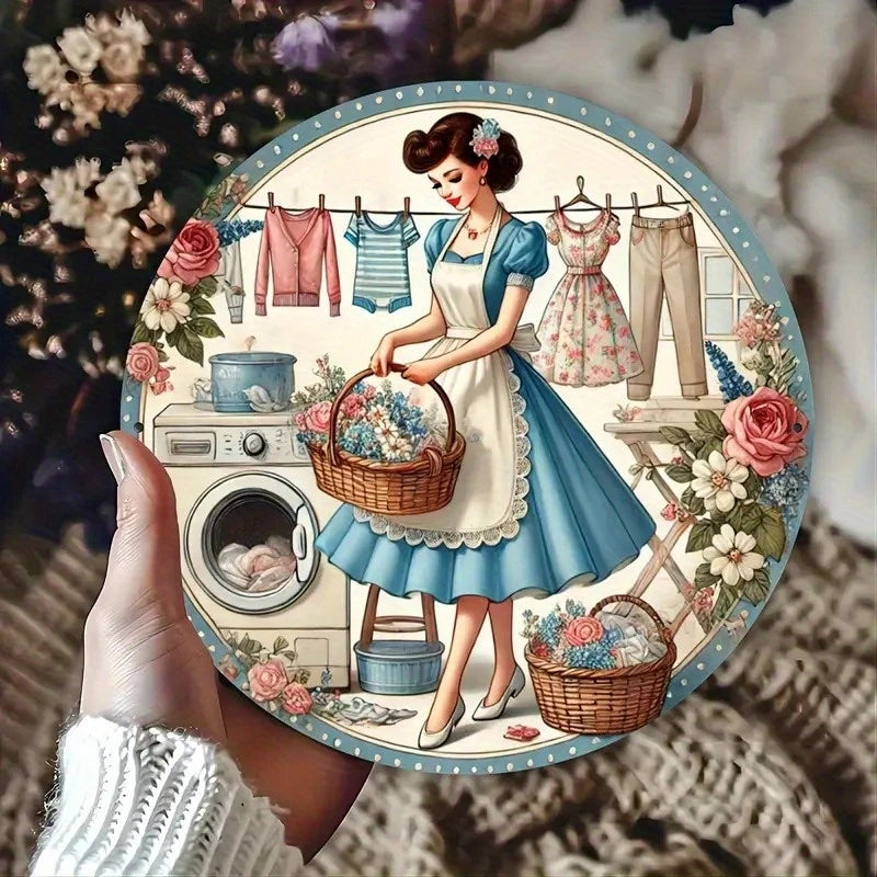 décoration murale vintage plaque bois fleurs vêtements suspendus machine lave bleu blanc rose vert