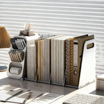 organisateur blanc moderne rangement stylos fichiers blancs bleus compartments ligne verticalisée étudiant
