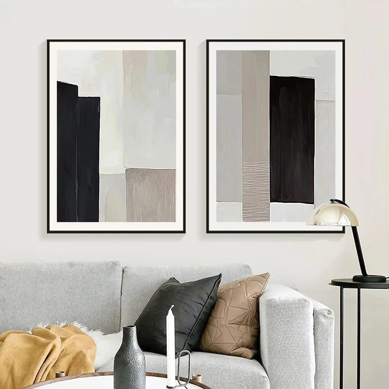tableau abstrait moderne toile couleur noir beige geometrie minimaliste deco salon vertical