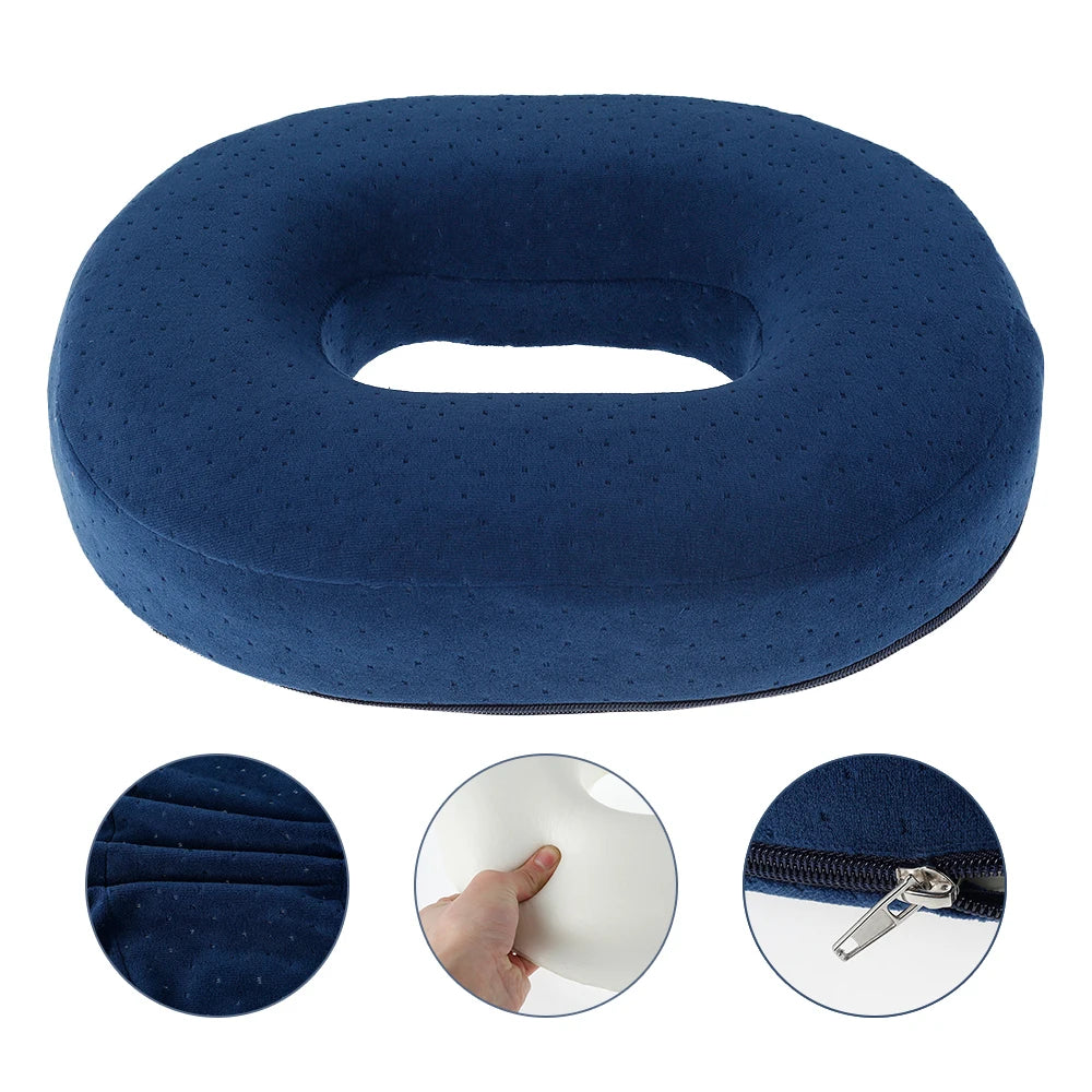 coussin donut bleu foncé velours mousse mémoire forme arrondie anti décubitus confortable adhésif amovible