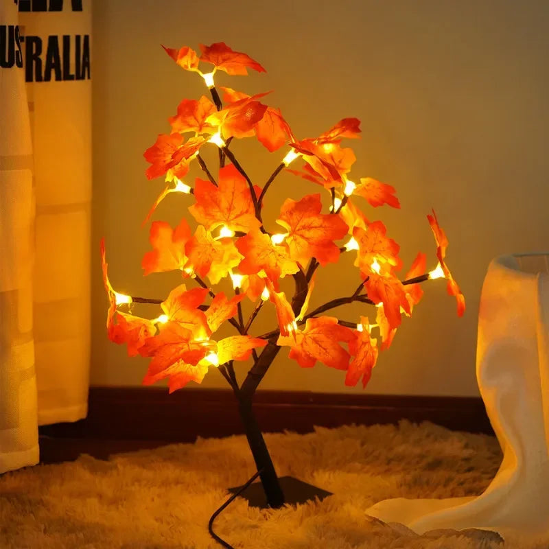 arbre lumineux décoratif feuilles artificielles branches noires moderne minimaliste orange jaune
