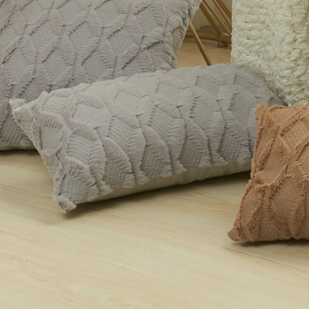 housse coussin décorative peluche géométrique moderne 30x50cm roseclair blancbeige grisclair