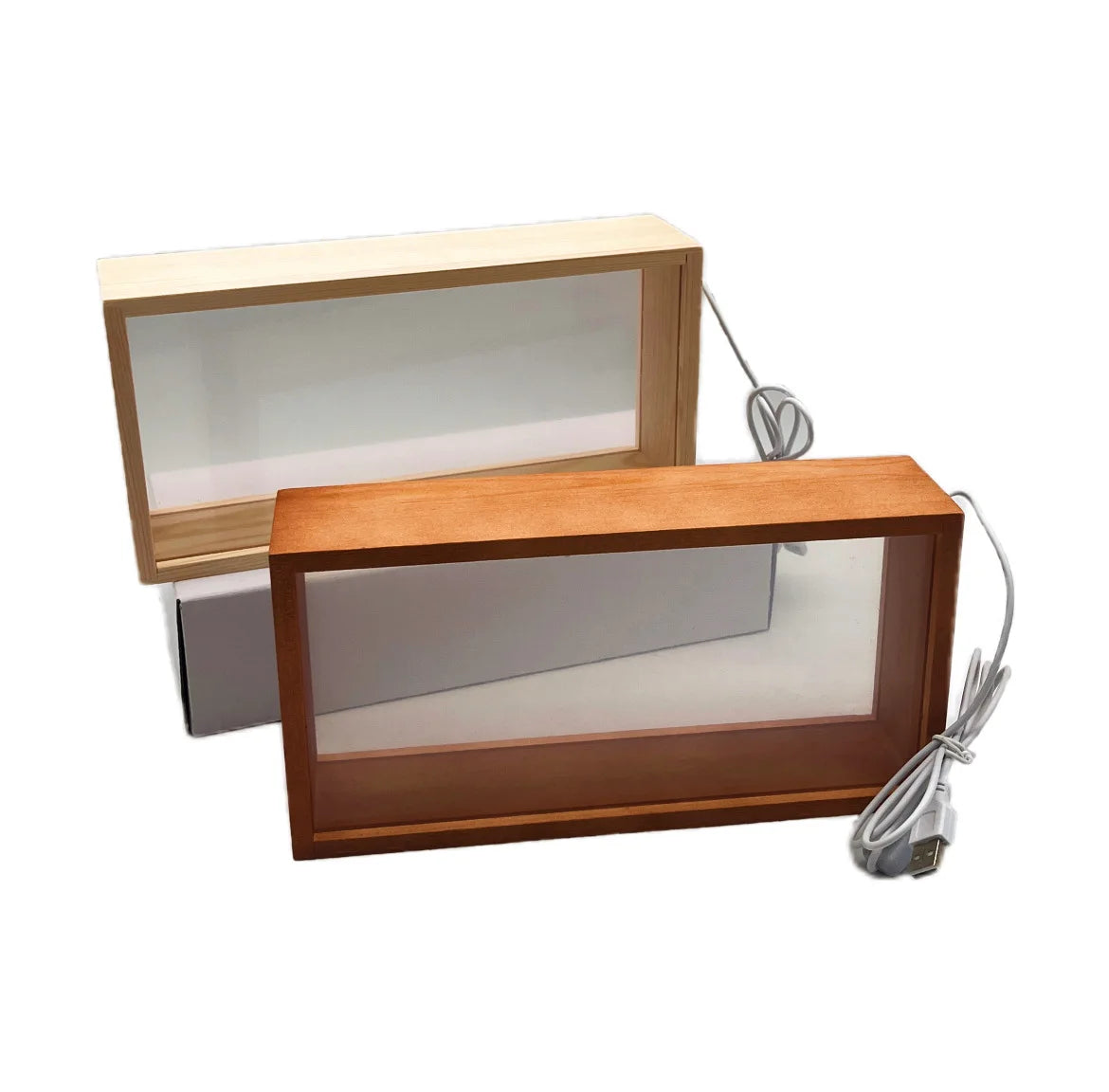 boîte lumineuse transparente moderne bois naturel blanc câble usb 26cm 13cm 6cm