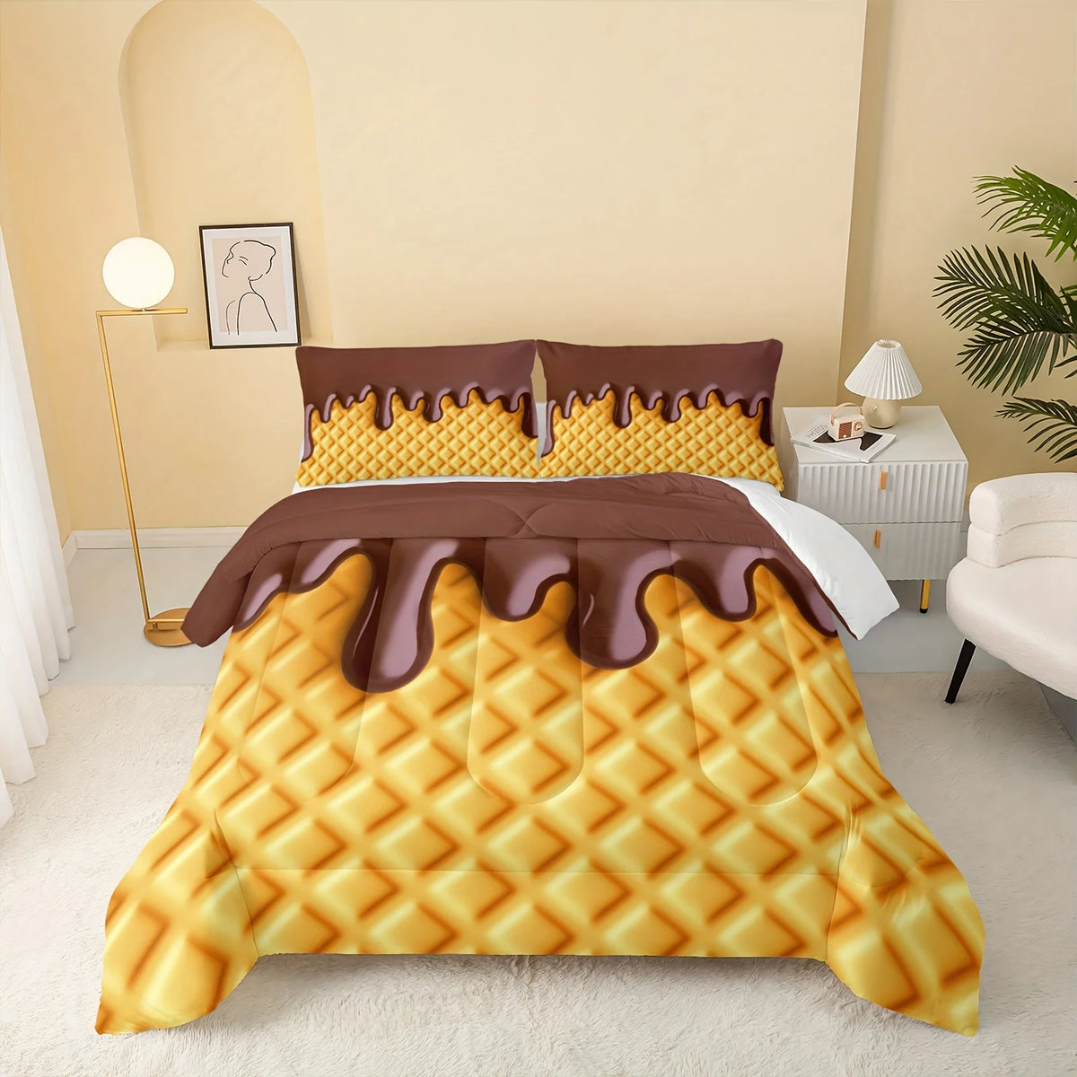parure lit moderne jaune marron génoise chocolat 3d 100 polyester double queen king