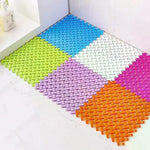 tapis sol carreaux géométriques bleu blanc orange vert rose violet moderne PVC