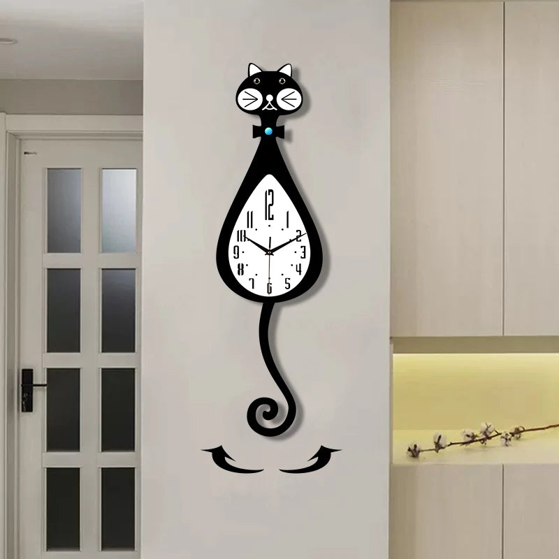 horloge murale moderne chat noir balançoire sans aiguilles chambre salon cuisine