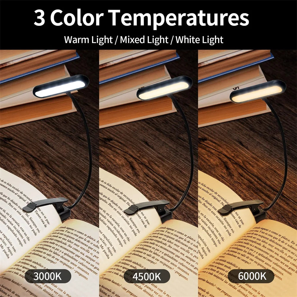 lampe lecture rechargeable led pince livre noir moderne couleurs usb cable court contrôle tactile