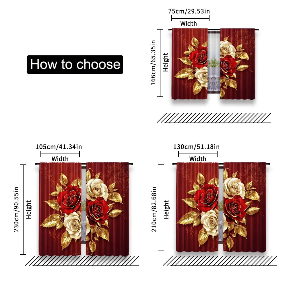 rideau moderne rouge doré roses feuilles polyester opaque deux panneaux