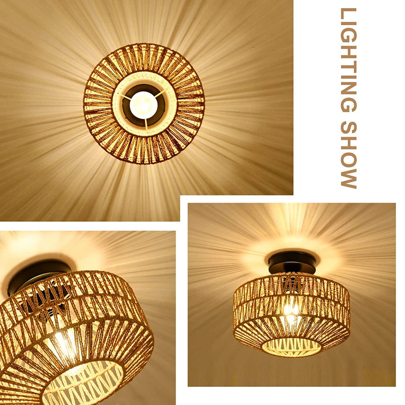 suspension lumineuse tressée rotin moderne salon chambre restaurant lumière E27 crochets câble noir