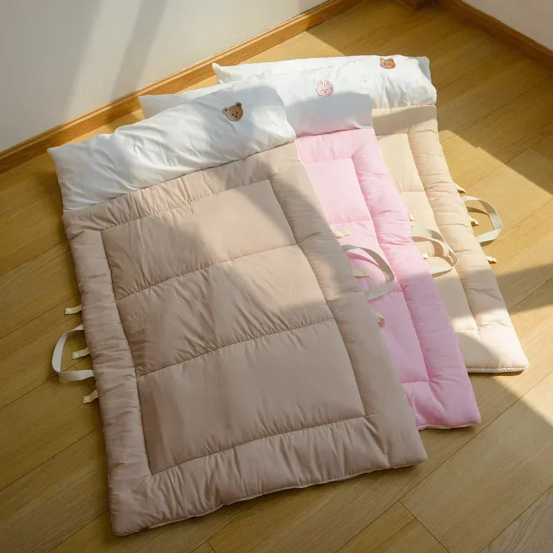 matelas pliable coton ours blanc oreillers portables enfants couchage hiver ados crème rose adorable
