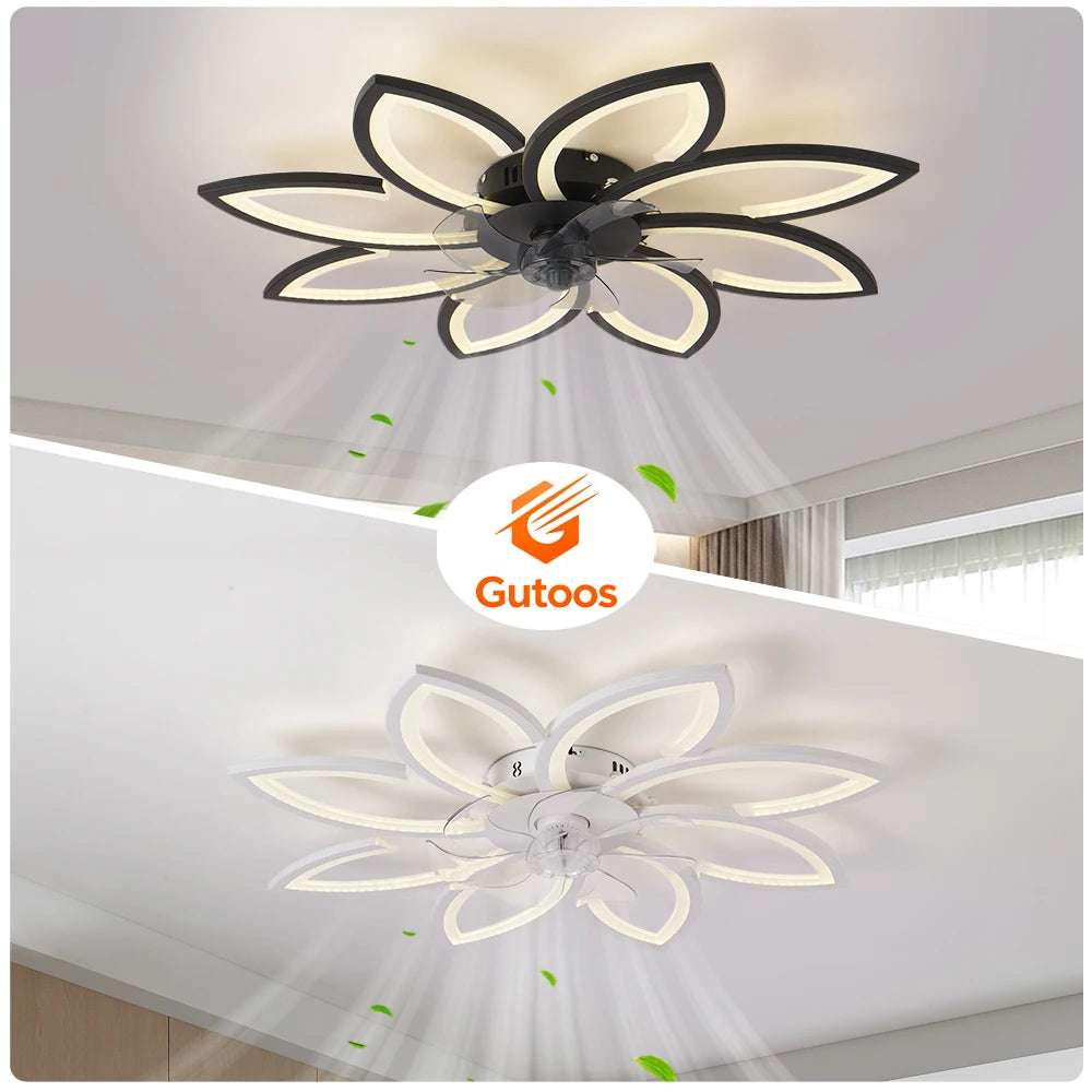 ventilateur moderne led télécommande noir blanc feuilles stylisées fixations invisibles chambre restaurant