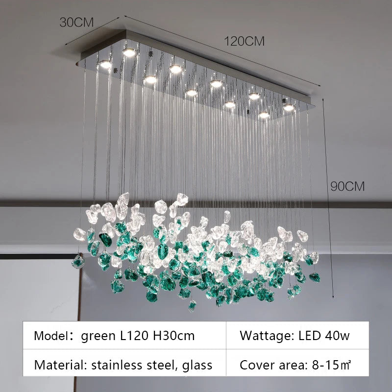 suspension lumineuse moderne gouttes cristal transparent verte ambrée 100cm 120cm 150cm