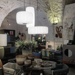 suspension lumineuse moderne soie beige clair rayures horizontales opacité chaînes noires 4200K 3000K 6500K