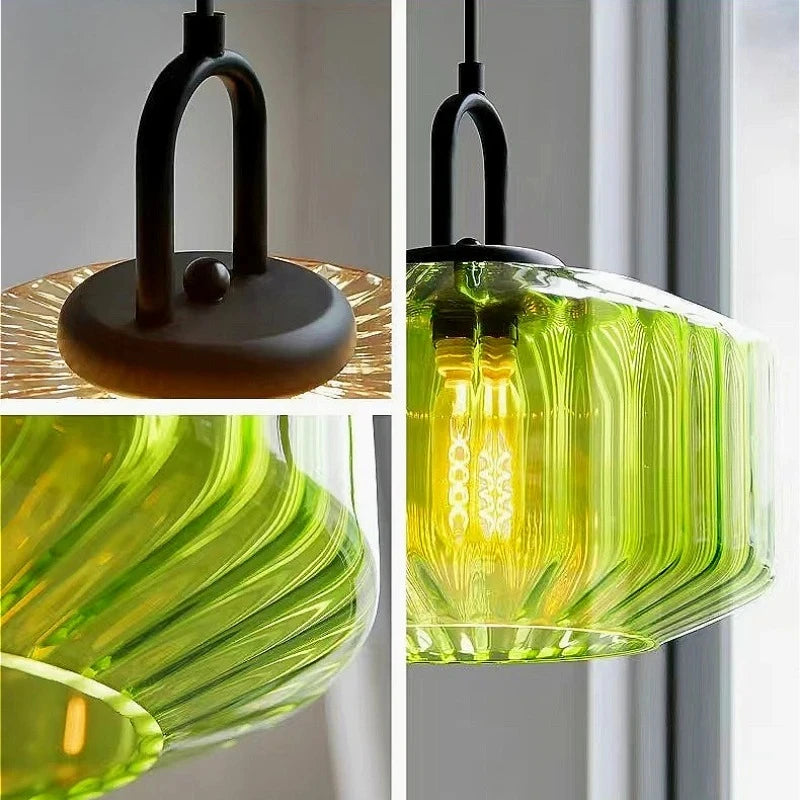 lampe suspendue moderne vert rose beige rayures horizontales opacité salon restaurant chambrehôtel