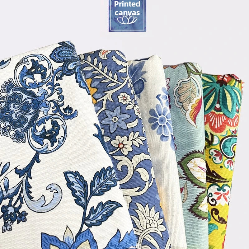 tissu coton toile imprimé fleurs motif floral bleu blanc rideaux housse canapé nappe