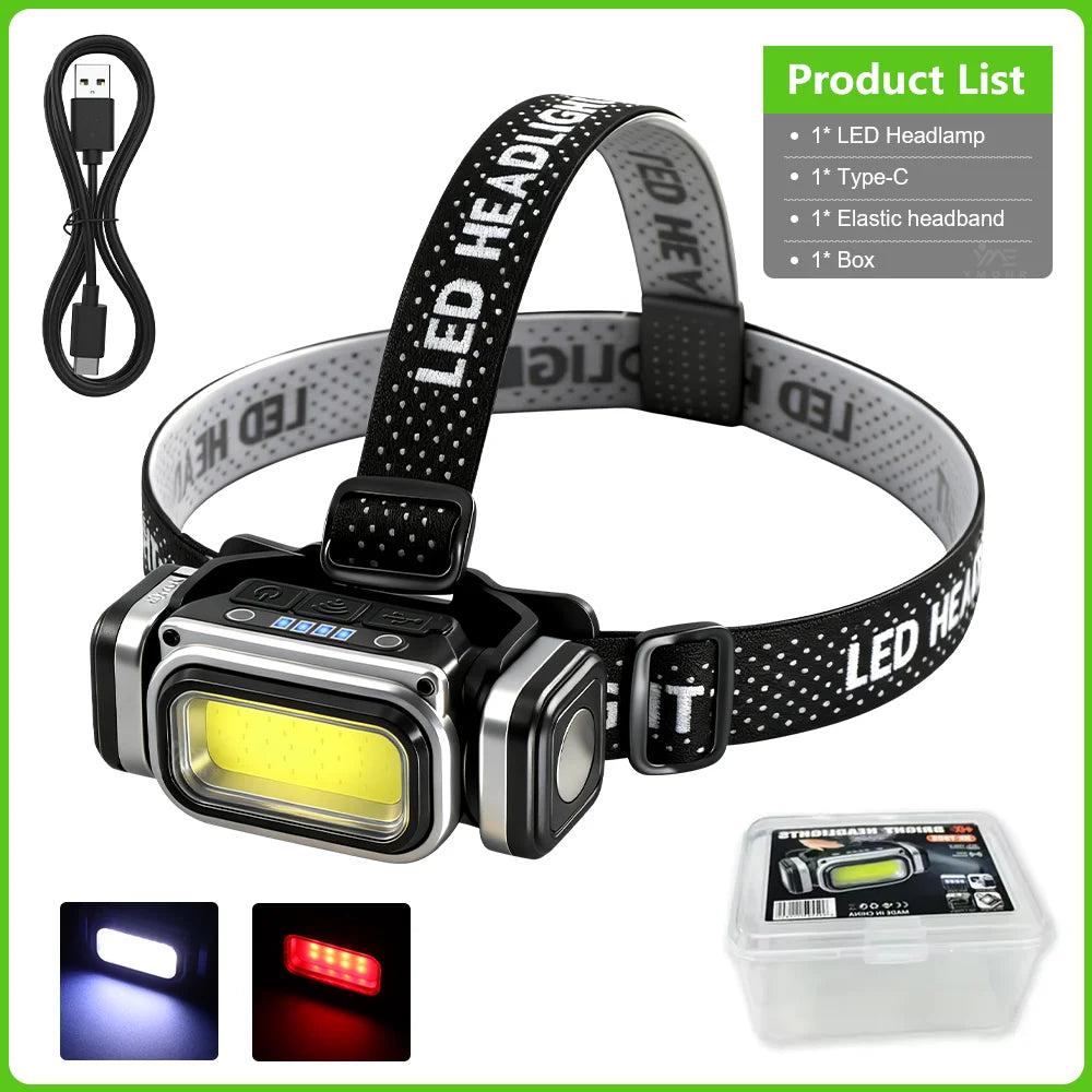 lampe frontale led rechargeable noire bande velcro boutons affichage led étanche travail camping
