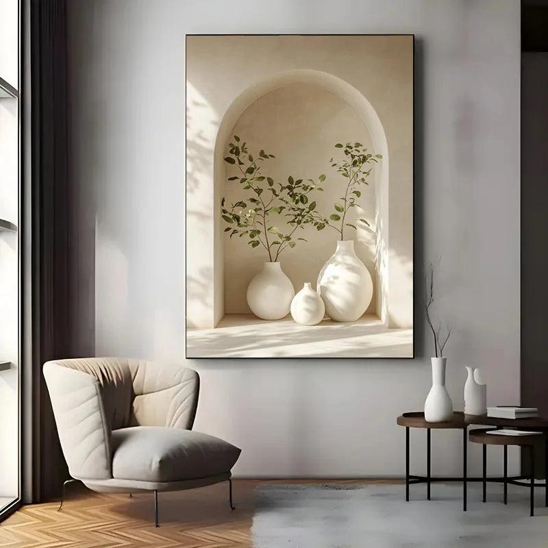 décoration murale moderne impression toile abstraite plante arche vases ceramique minimaliste