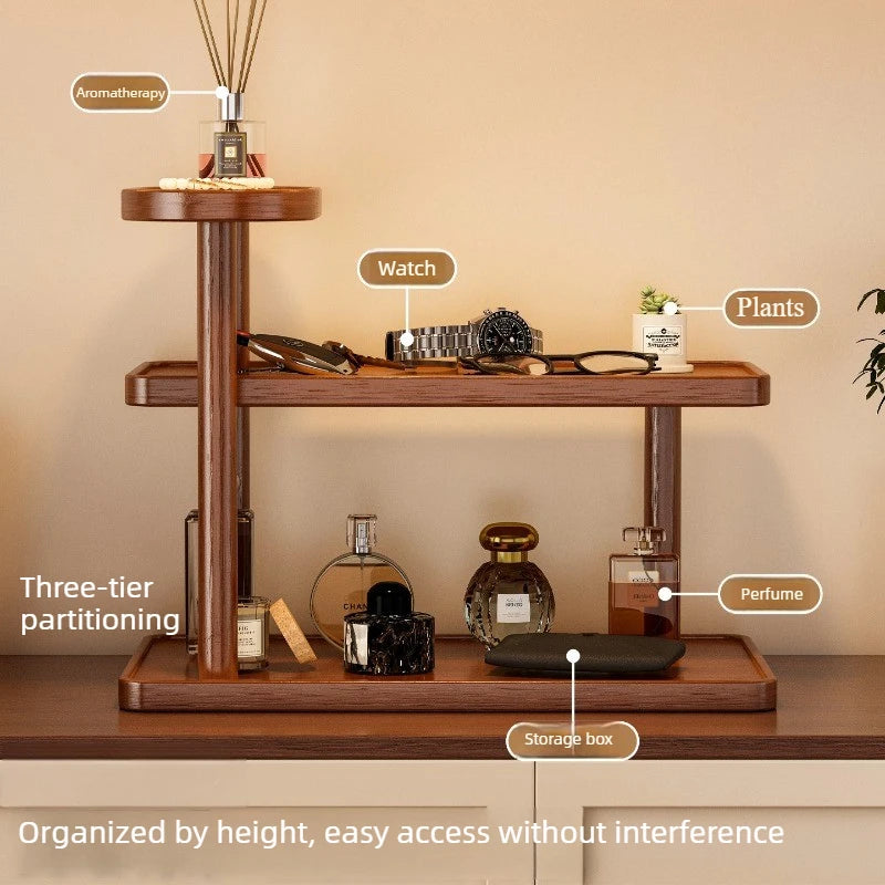 étagère moderne marron clair bois naturel rangement parfum bijoux plante artificielle minimaliste