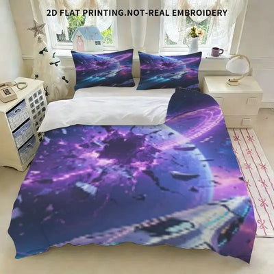Housse de couette motif spatial futuriste sur lit