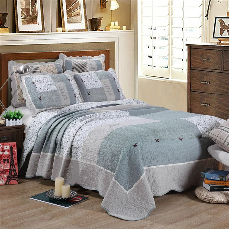 couvre lit patchwork coton floral vert beige rose matelassé maison hiverversible machine laver
