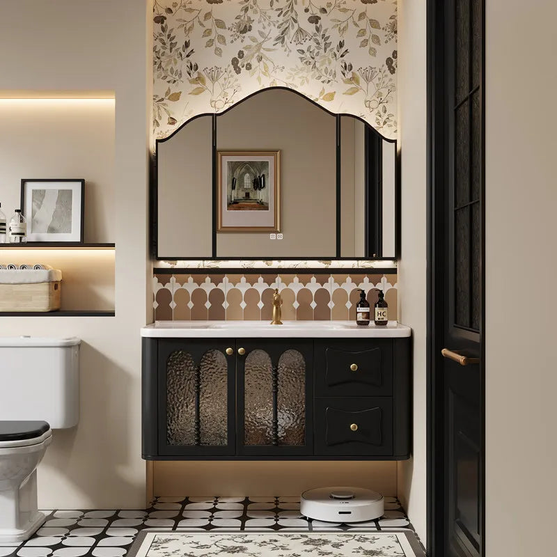 meuble salle bain armoire miroir noir étagères tiroirs bois texture cuir vintage classique fixé