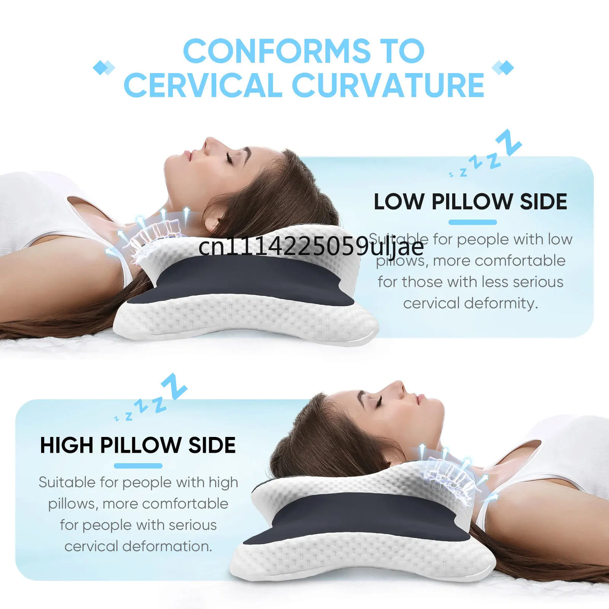 oreiller cervical ergonomique mousse mémoire forme soutien cou sommeil dos côté gris blanc
