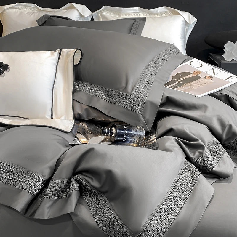 drap lit blanc bordure brodée ultra doux housses taies oreillers classique 18m 20m machine