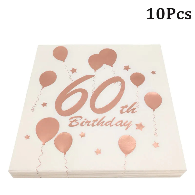 serviettes papier anniversaire rose pâle ballons chiffres étoiles effet métallique 30 40 50 60